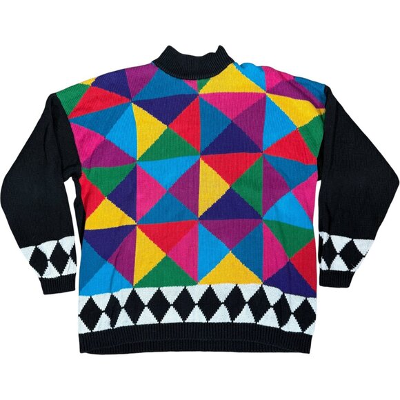 Vintage Sweaters - Vintage Geometric Print Mock Neck Sweater Ramie Cotton Maximalist Funky L